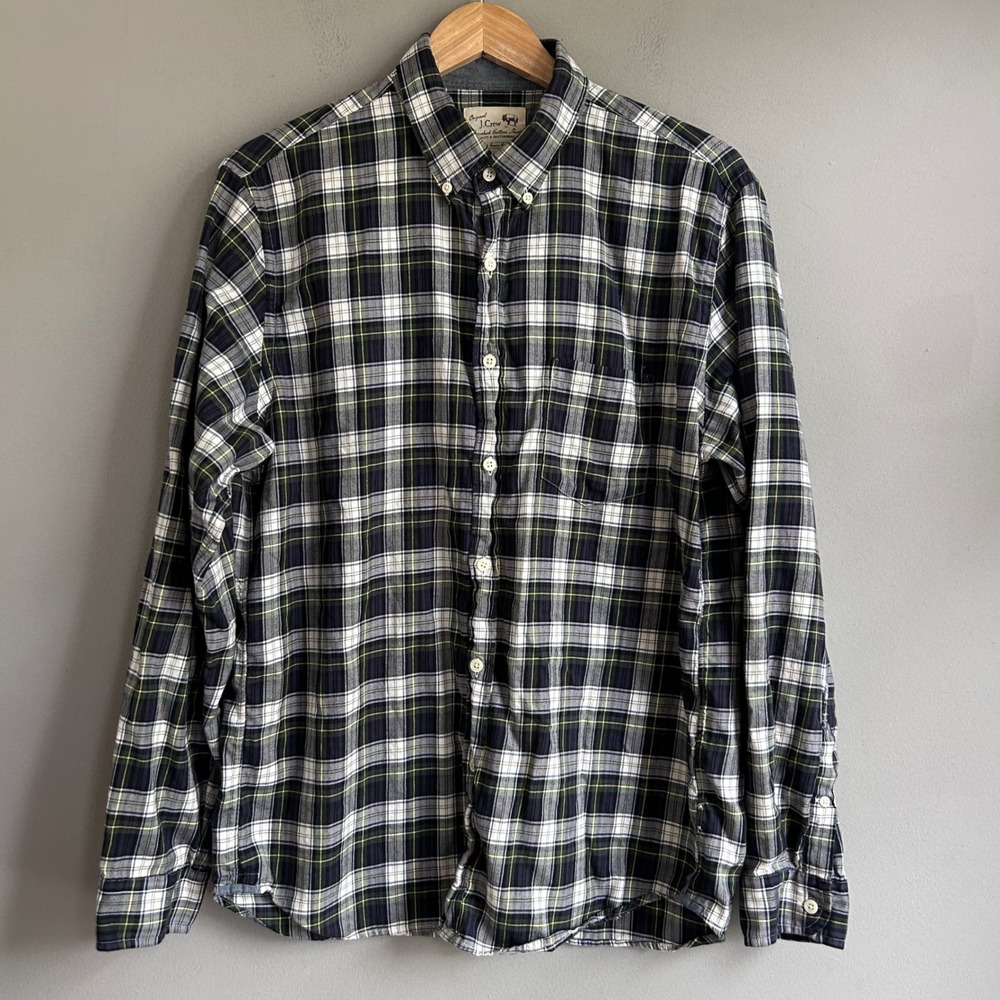 J.Crew Mens Large Brushed Cotton Plaid Button Down Shirt Navy Green Tartan
